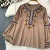 Женская блузка в этническом стиле с круглым вырезом и вышитыми рукавами-фонариками в стиле ретро, ​​летние женские топы с цветными блоками