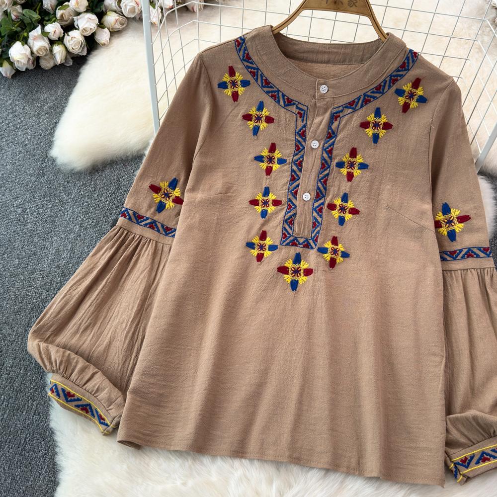 Женская блузка в этническом стиле с круглым вырезом и вышитыми рукавами-фонариками в стиле ретро, летние женские топы с цветными блоками