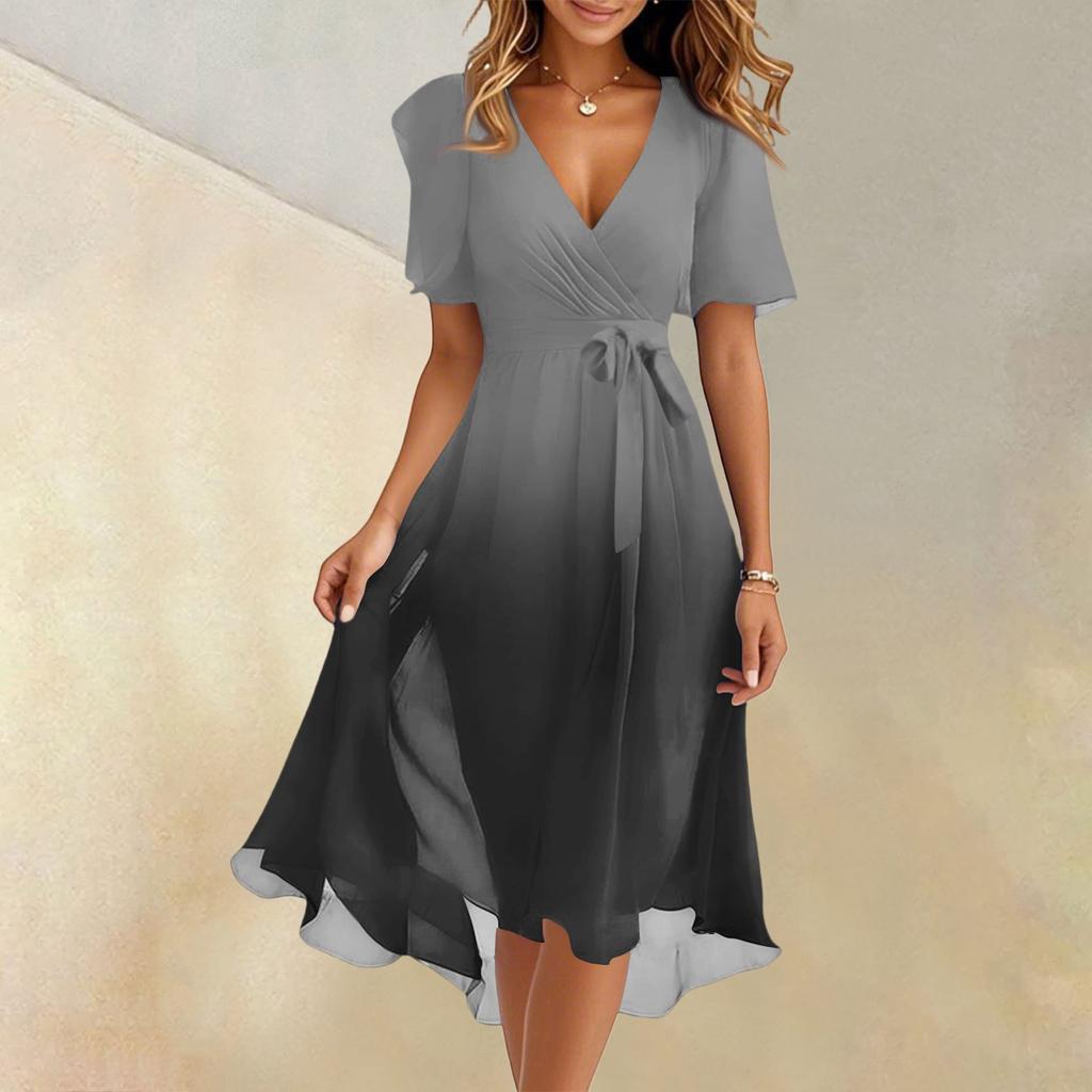 Women's Summer Fashion V-Neck Flared Dress Short Sleeve Gradient Dresses
