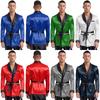 Mens Contrast Smoking Jacket Robe Belt Lapel Long Sleeve Side Pockets Satin Kimono Bathrobe Nightwear Loungewear