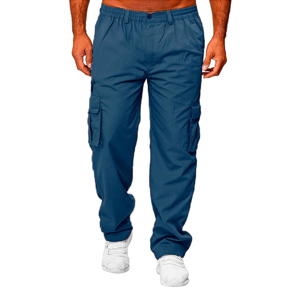 Men Casual Trousers Multi Pocket Cargo Pants Middle Waist Solid Color Loose Clothes Outdoor Sports Long Pants