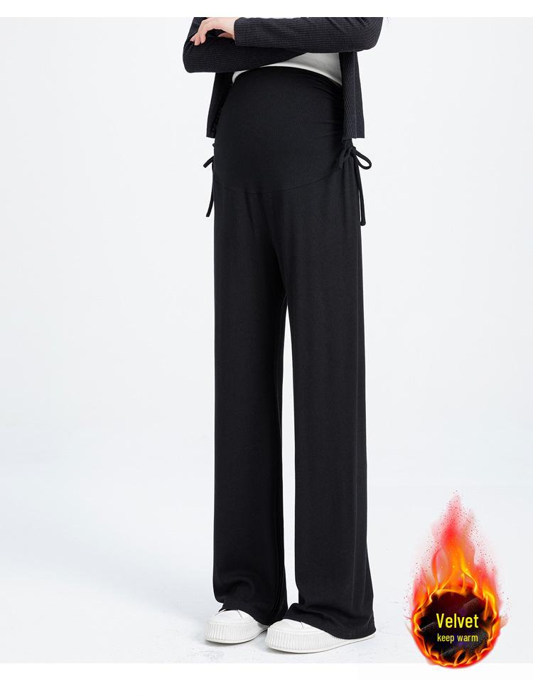 Широкие брюки для беременных 2024 года: Осенне-зимний бархат, завязка на шнурок, прямой крой.