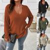 Women's Autumn and Winter Shirt Solid Color Plus-size Top V-neck Long Sleeve Pit Strip Woolen T-shirt Loose Jumper for Women