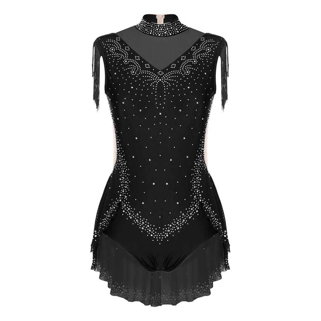 Womens Sparkly Rhinestones Dance Leotard Mock Neck Sleeveless Sheer Mesh Patchwork Tassel Skirted Bodysuit