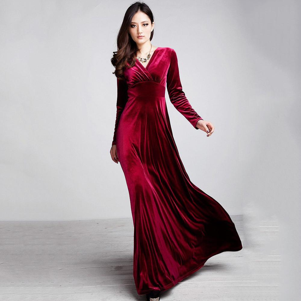 Womens Autumn Dress Velvet Long Sleeve V Neck .