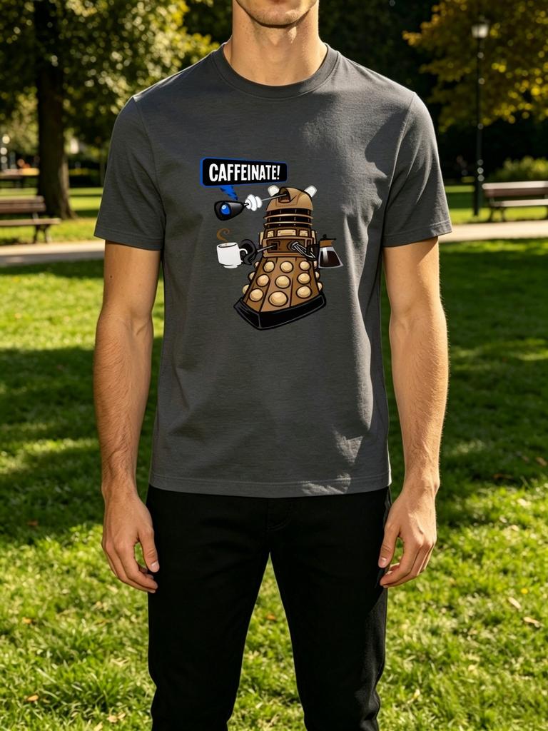 Caffeinate Dalek Coffee Cartoon Print Unisexs Crew Neck Short Sleeve Tee Casual Street Soft Breathable Daily Basic Fashion Wear Top