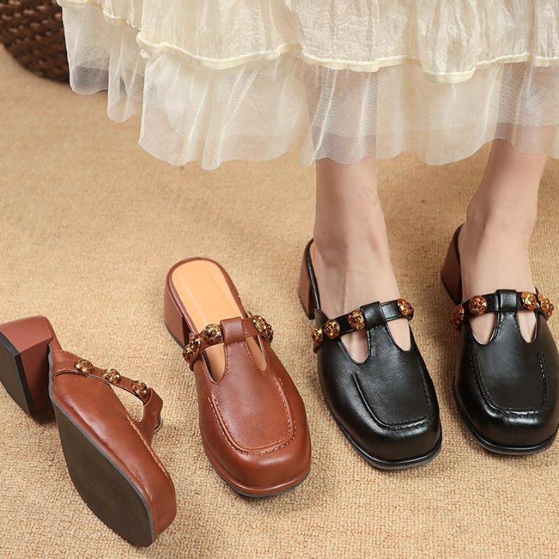 Модные ретро полушлепанцы с вырезами женские лето 2025 французский стиль модные удобные туфли Мэри Джейн одинарные уличные туфли-лодочки с квадратным носком