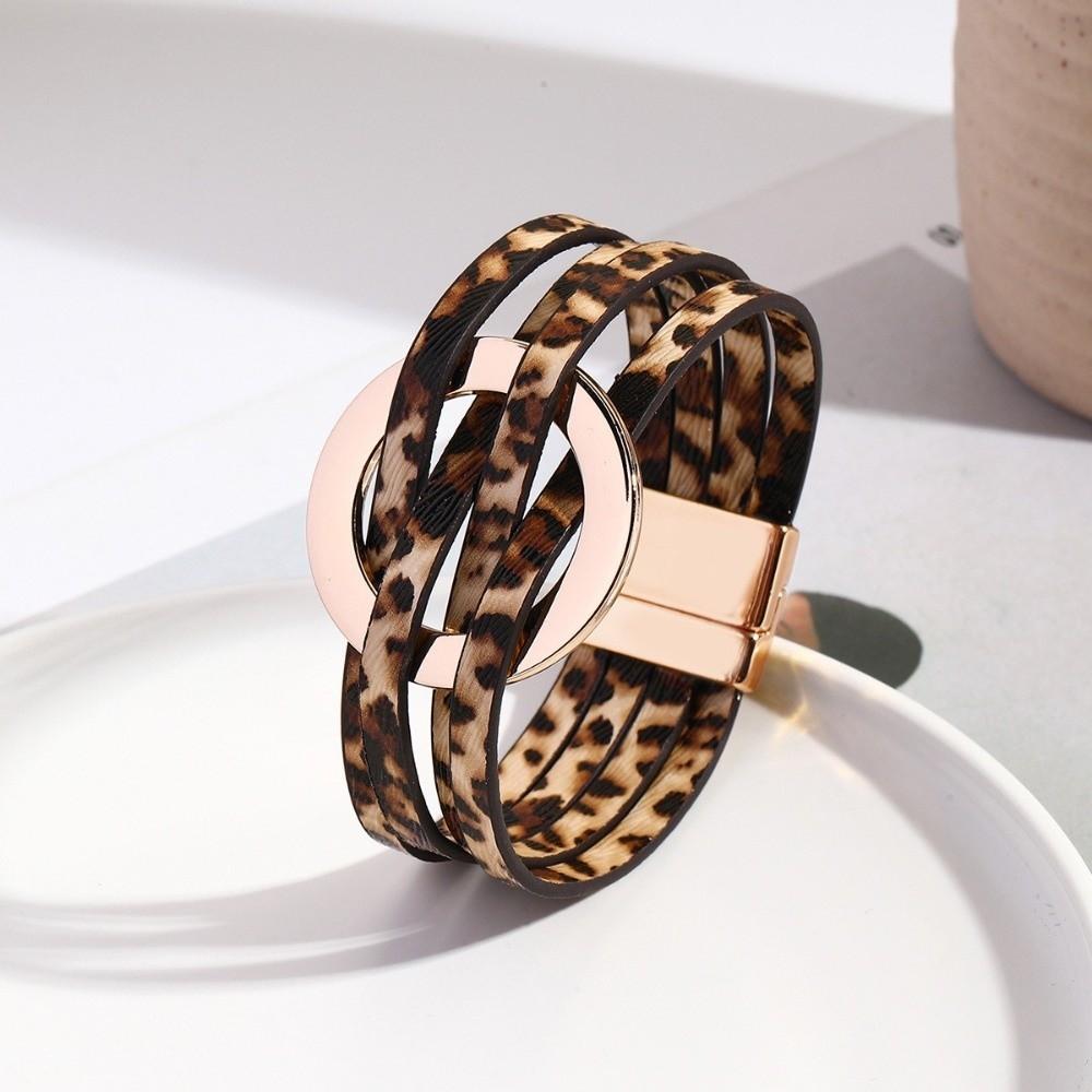 Wide Wrap Leopard Print Leather Bracelets Magnetic Snap Circle Cross Bracelet for Women