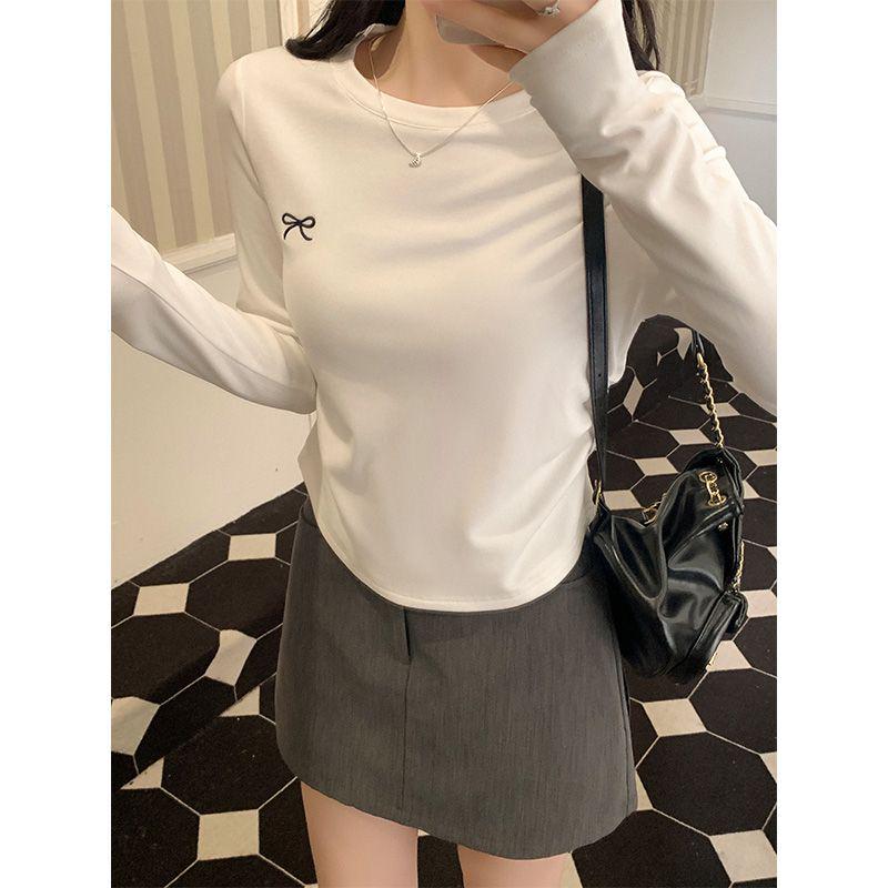 Женский топ с круглым вырезом, вышивкой бантом, длинными рукавами и плиссировкой, ранняя осень