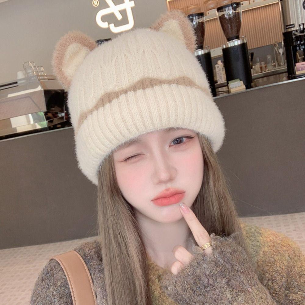 Keep Warm Cat Ear Beanie Thicken Knitted Beanie Soft Knitted Woolen Hat  Winter