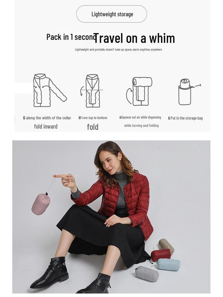 2024 Women's Slim Lightweight Down Jacket - Short, Round Neck, Warm Inner Layer, Trendy Plus Size Outerwear