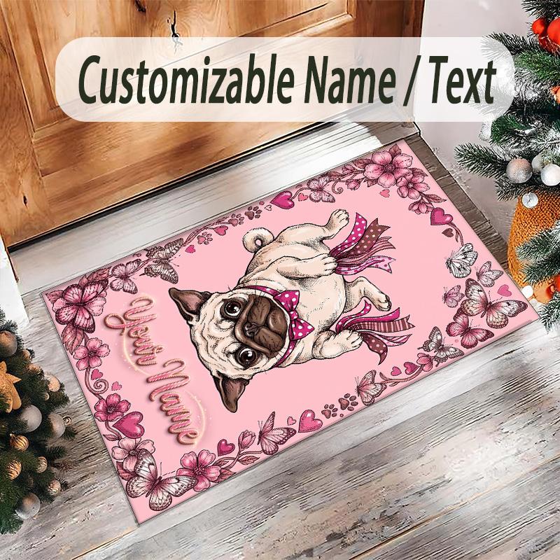Pug Theme Crystal Velvet Floor Rug Personalized Custom Name Text Warm Carpet Home Decoration