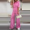 2 шт./компл. Женская повседневная рубашка и брюки, однотонный весенне-летний отложной воротник, короткий рукав, высокая талия, широкие брюки, длинные брюки