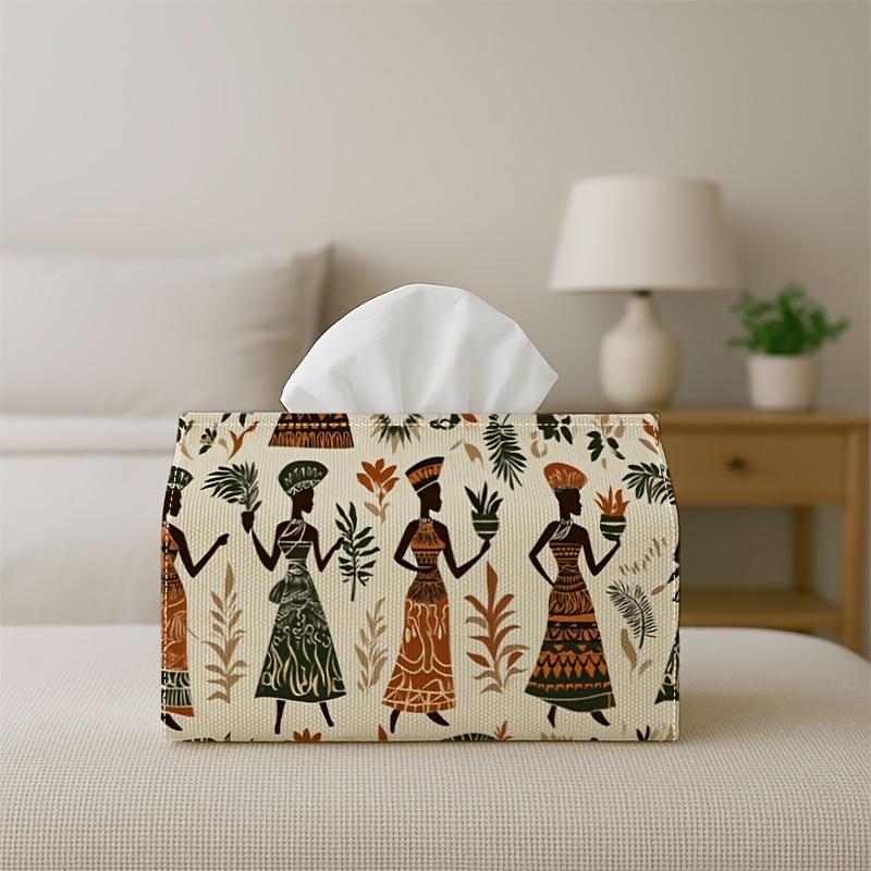 2D Flat 1pc Bohemian-Style African Tribal Woman Tissue Box, Earth-Tone Geometric Leaf Pattern Napkin Storage Box, Suitable for Kitchen And Car, an Ele