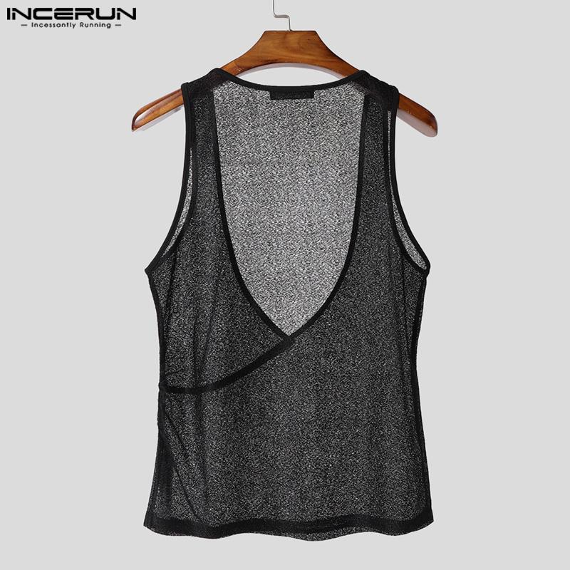 INCERUN Men Deep V Neck Strap Sleeveless See Through Mesh Sheer Tank Tops