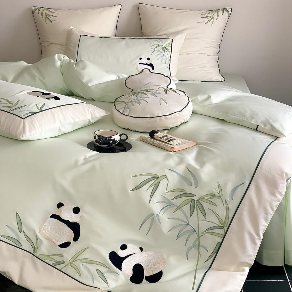 100 Cotton Premium Embroidered Four Piece Bed Set - Panda and Bamboo