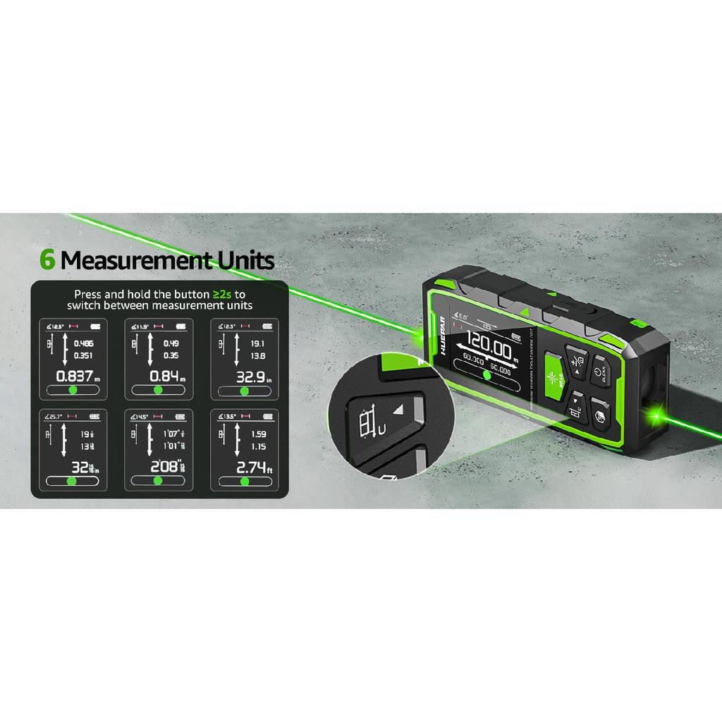 Huepar Dual Laser Rangefinder 120M/200M Green Beam Digital Laser Meter Multiple Unit Measurement Tool With Backlit LCD display