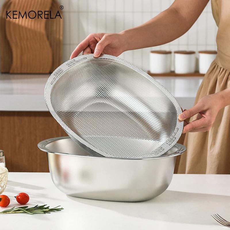 2 in 1 Stainless Steel Rice Washing Basin With Drain Net Oval Shape 304 Vegetable Washing Basin Kitchen Home Fruit Drain Basket