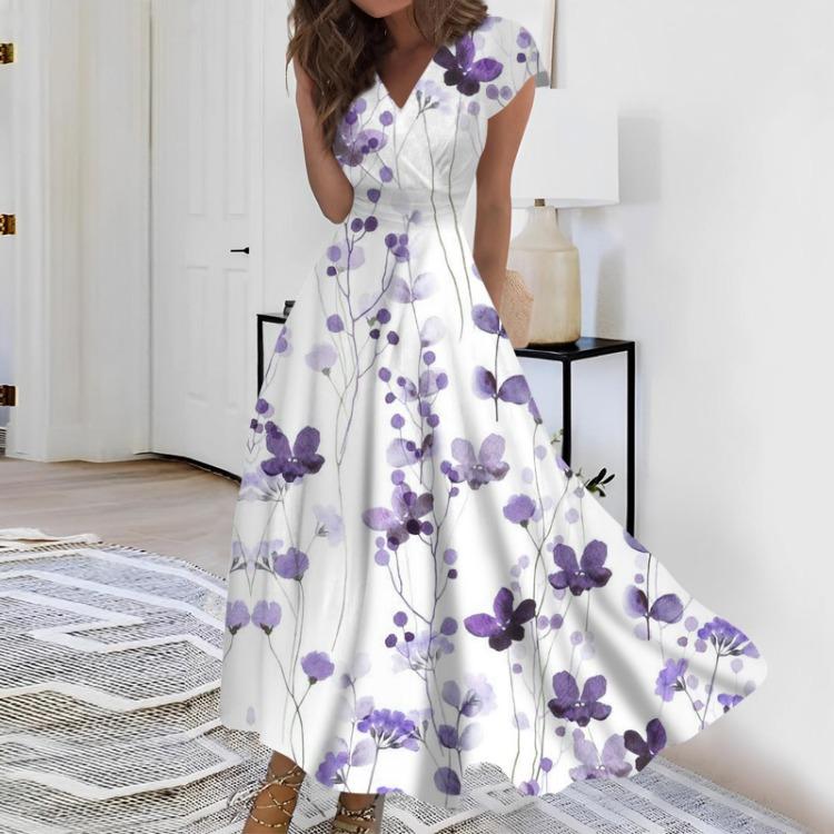 Женское повседневное платье макси, длинное шифоновое платье с расклешенной юбкой, однотонное, с V-образным вырезом, с оборками, с коротким рукавом, зрелое, для улицы, для повседневной носки, для свиданий