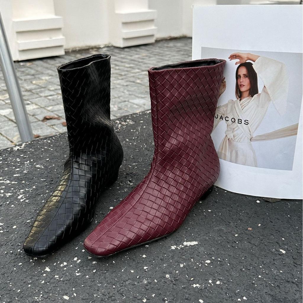 2025 Autumn and Winter New Small Square Head Thick Heel Low Tube Thin Martin Plaid Women's Short Boots
