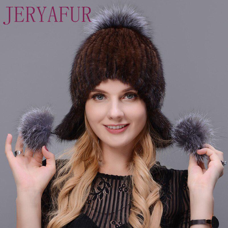 JERYAFUR Зимняя женская шапка из норки, новая шапка для защиты ушей, лыжная шапка ручной работы из норки и лисы, теплая подготовка к меху