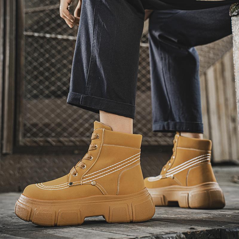 Осенне-зимняя мода Мужские желтые ботинки Модные уличные кожаные ботильоны Мужские рабочие ботинки Массивные мотоциклетные ботинки на шнуровке