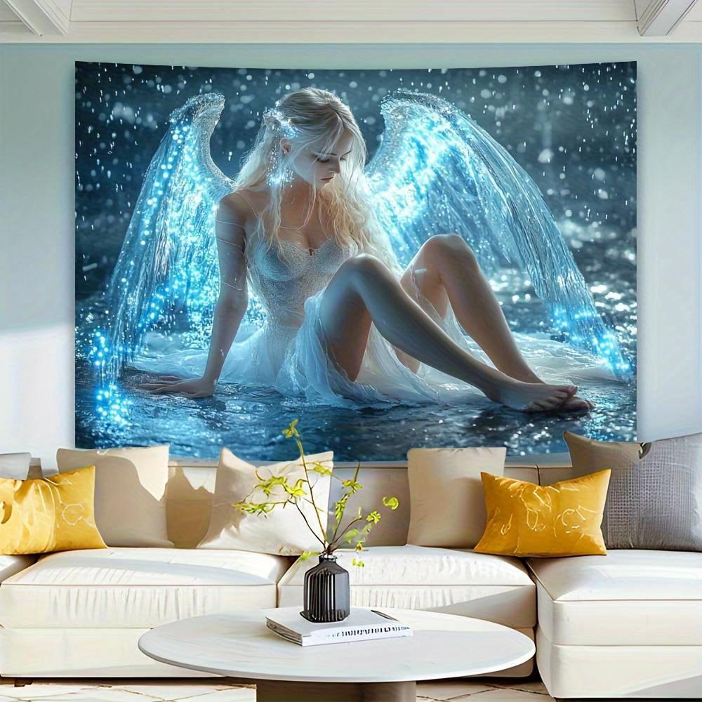 2D Flat Printing Tapestry Featuring Magical Water Angel With Luminous Wings Ideal For Room Wall Art Decor Tapestry