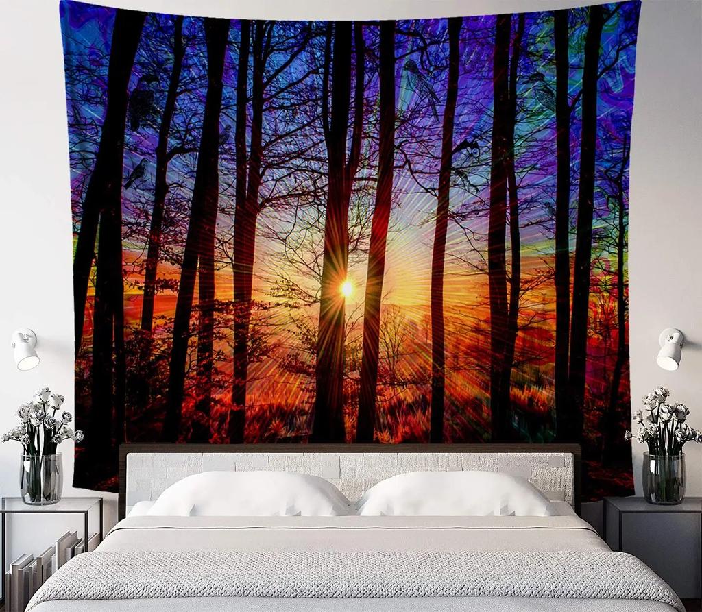 Fantasy Forest Landscape Tapestry Flowers and Plants Misty Tree Hole Tapestry Wall Art Hanging Cloth Room Home Decoration