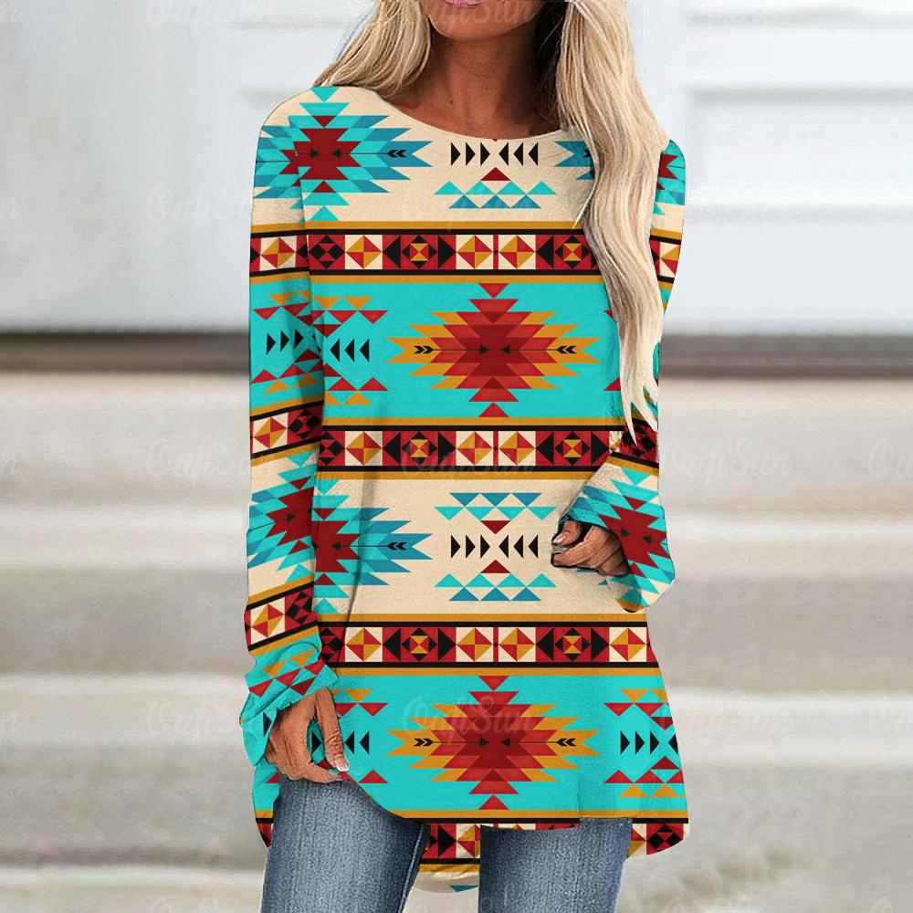 Ethnic 3D Print Long Sleeve T Shirt Women's Fashion Abstract Geometric Design Top Tees Autumn New Vintage Round Neck T Shirts