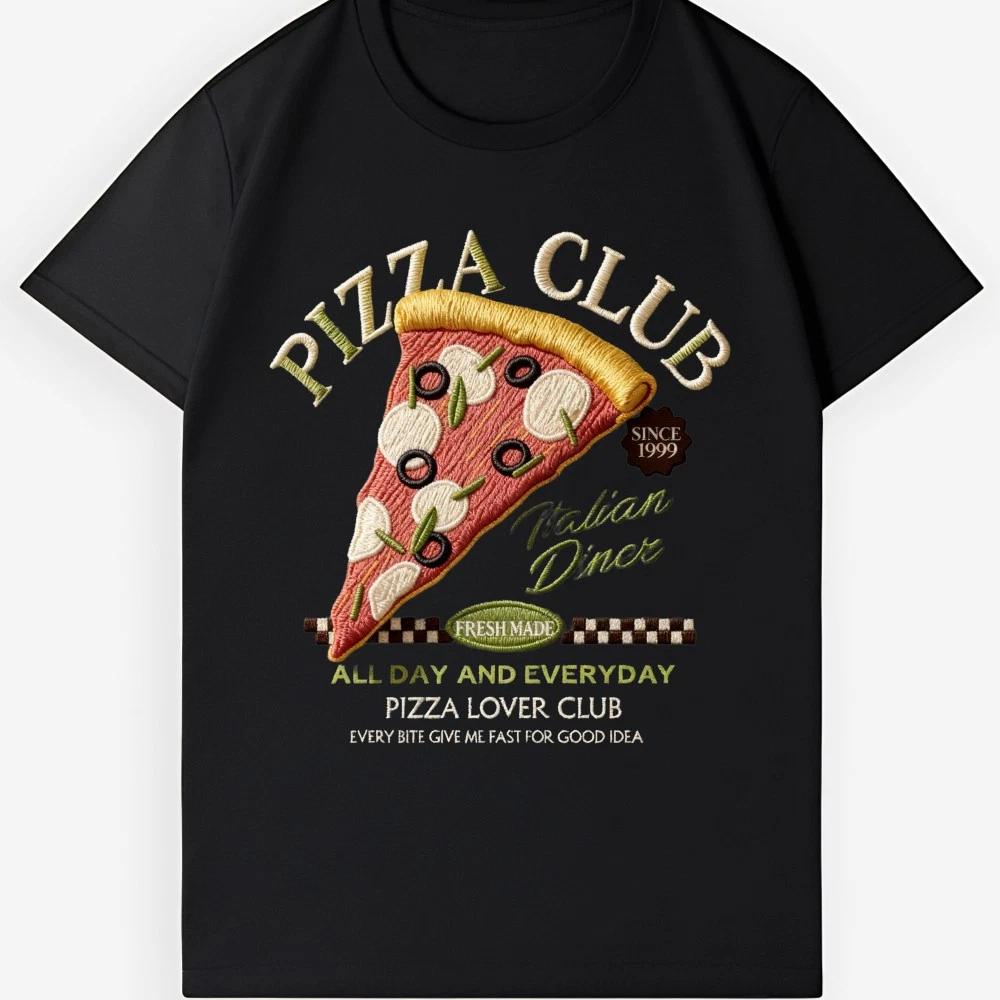 Вышитая футболка "Pizza Club" Винтажная футболка для любителей пиццы в итальянском стиле для гурманов