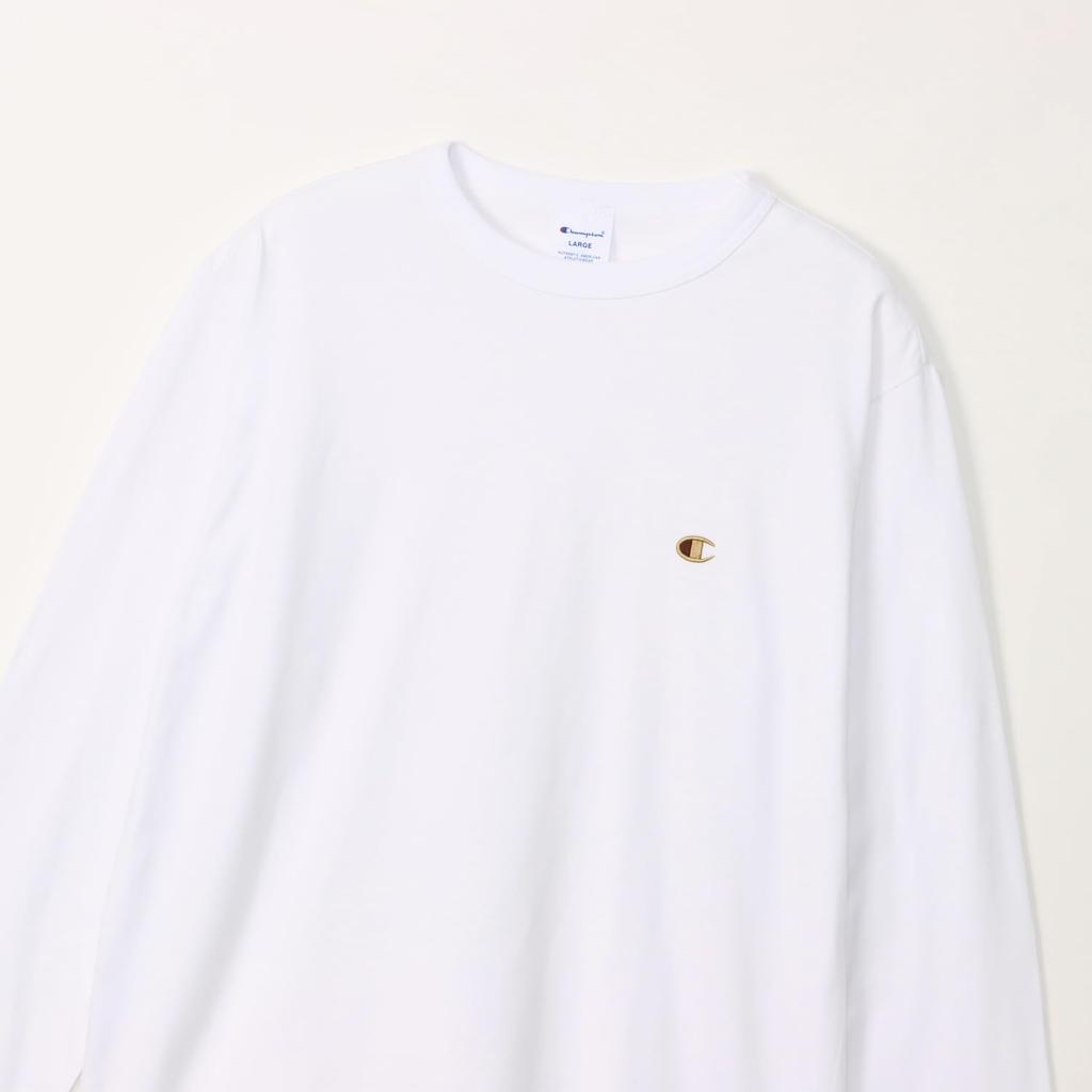Длинная круглая футболка с длинным рукавом, цвет белый x бежевый, размер L [Champion], рукав, горловина, 100% хлопок, вышивка, логотип, футболка, C8-X408, мужская