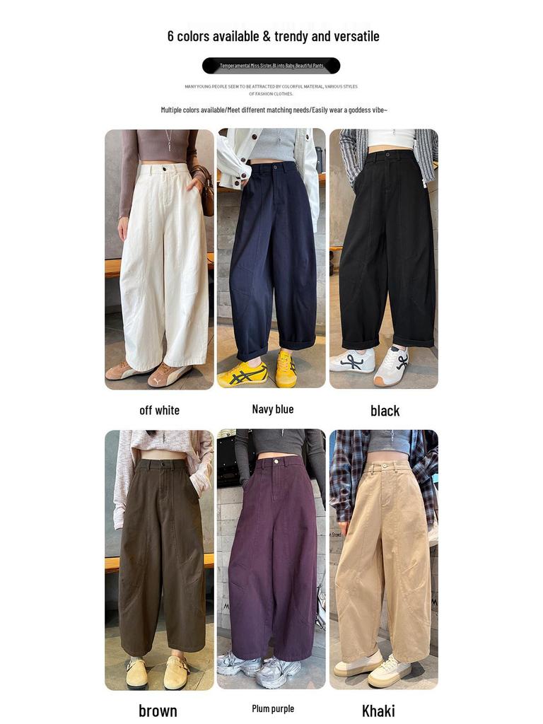 Dark Blue Korean-Style High-Waisted Wide-Leg Pants for Women - Plus Size, Slimming, Casual, 100% Cotton, Autumn Suitable.