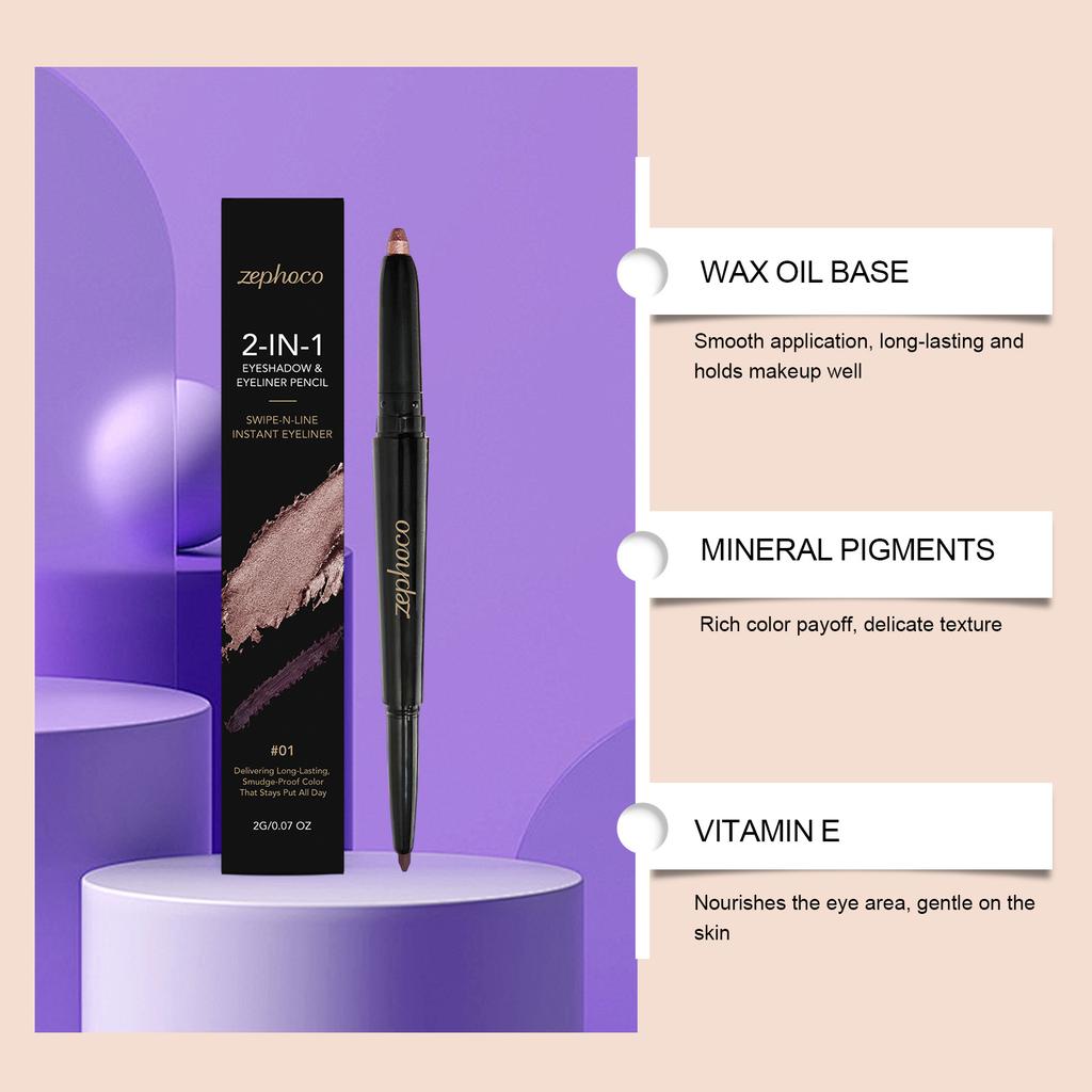 Zephoco Dual-Ended Eyeshadow and Eyeliner Pencil Bronze Wine Red Smooth Application Natural Color Payoff Smudge-Proof Waterproof 2-in-1 Eye Makeup