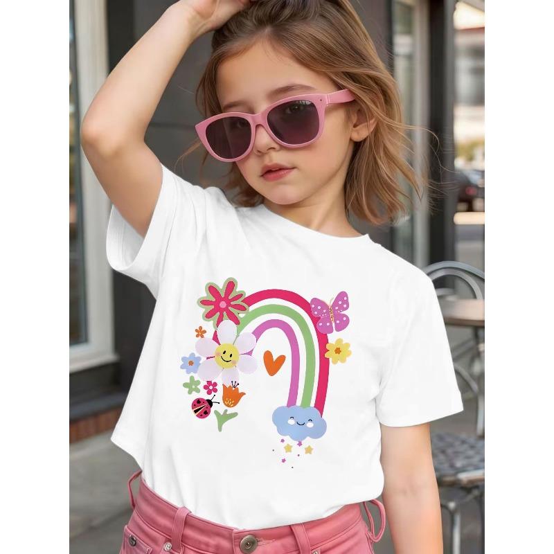 Girls Crewneck Short Sleeve Tee, Cute Cartoon Rainbow Floral Ladybug Print Casual Kids Top
