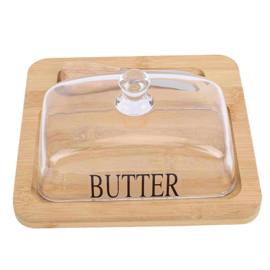 Wood Dish with Clear Glass Lid Cutting Tool Easy to Clean Container for Cheese Cake Dessert