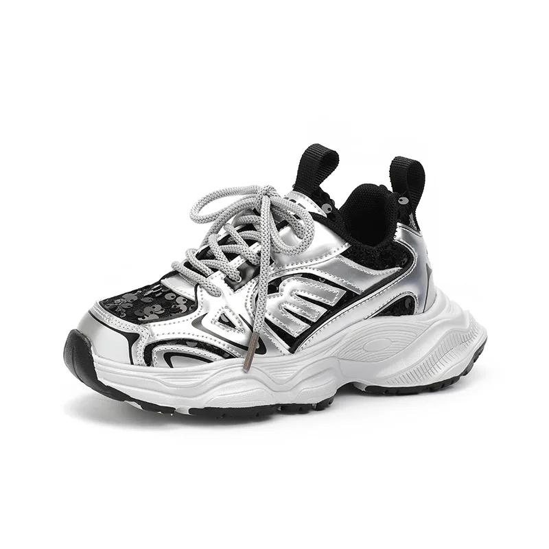 Детские баскетбольные кроссовки, массивные детские кроссовки для девочек, весна-осень, модные кроссовки с блестками, повседневные, школьные, универсальные, для бега