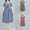 Real Shot Summer New Literary Loose Splicing Cotton and Linen Plaid Round Neck Short-sleeved Dress Women's Clothing Medium and Long
