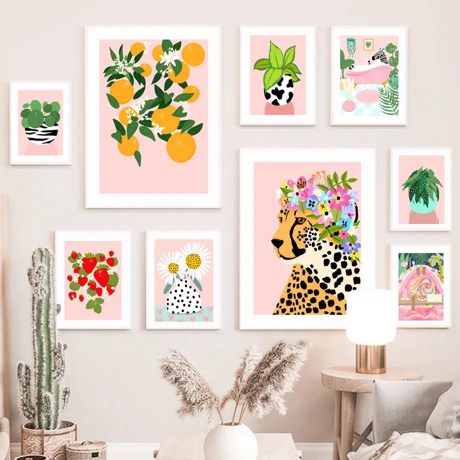 Дейзи Клубника Оранжевая Зебра Гепард Ванна Ванна Черная Девушка Искусство Холст Картины Плакаты Отпечатки Настенные Панно Декор Гостиной