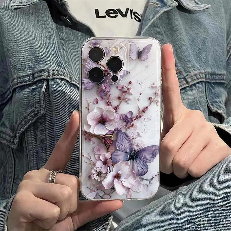 Креативный чехол для телефона с узором «Бабочка и цветок» для iPhone 11 12 13 14 15 16 17 Pro Max XS X XR 7 8 Plus 16e Прозрачная мягкая крышка