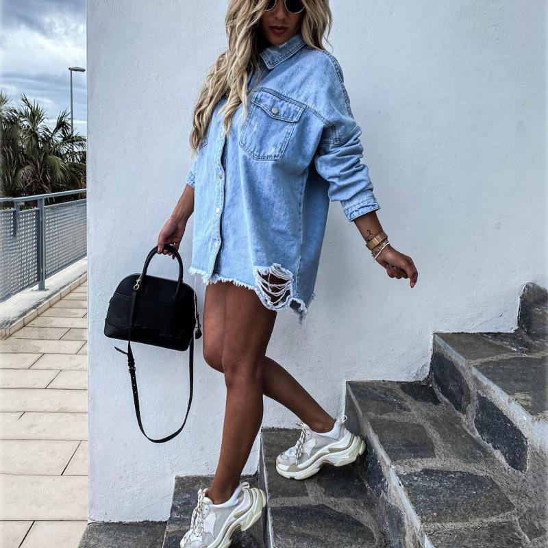 Женская джинсовая куртка Spring Hole Breaking средней длины, винтажная куртка с длинным рукавом