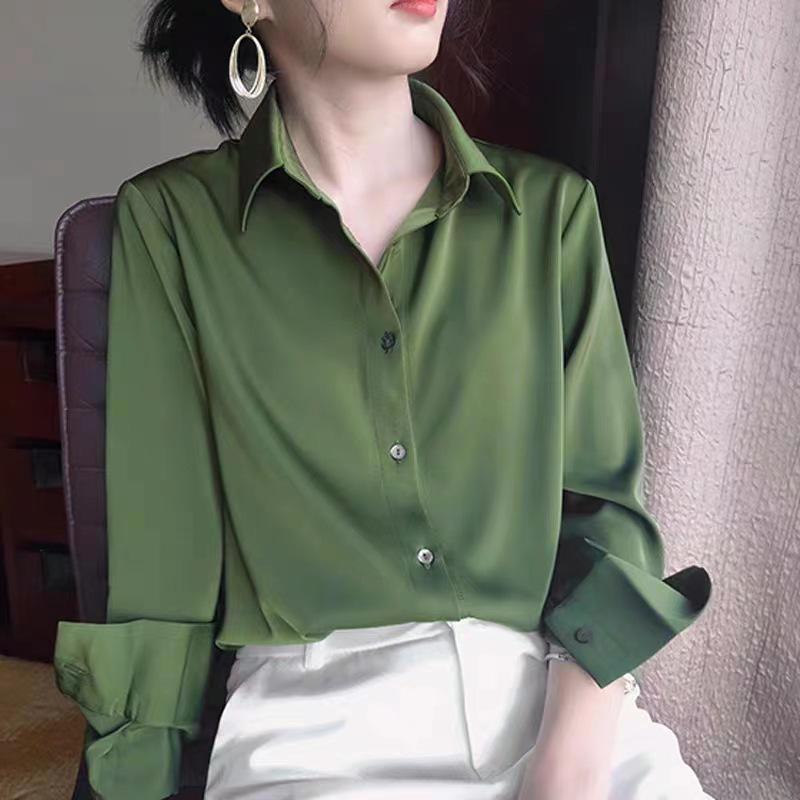 Women's Ash Blue Satin Long Sleeve Shirt - Retro Hong Kong Style, Spring Commute, Concealed Placket, Versatile Drapey Blouse