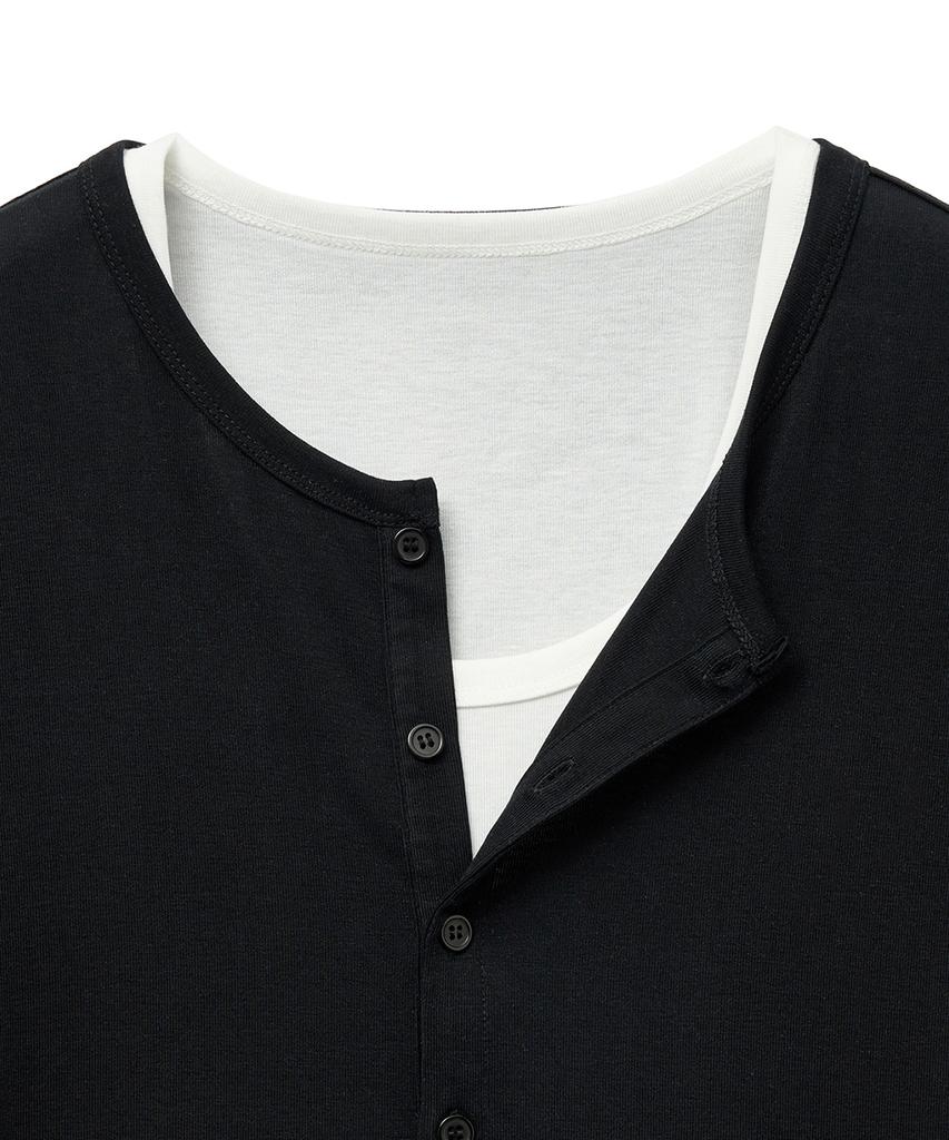 NOIRER Многослойная футболка-henley с коротким рукавом (Черная слоновая кость)