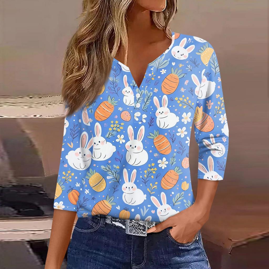 Жен. Футболка С принтом Пуговицы Рукав 3/4 Повседневные Выходные Мода Классический Классический V-образный вырез Обычный Верх