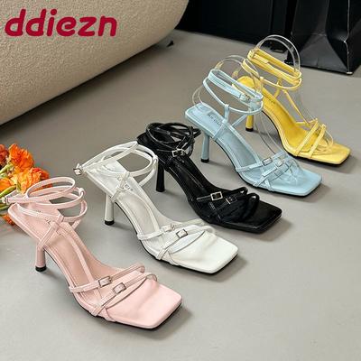 Мода Мода Ремешок на щиколотке Женские Босоножки на тонком каблуке Обувь Женская Обувь с квадратным носком Неглубокие Женские Босоножки на высоком каблуке Обувь Туфли-лодочки