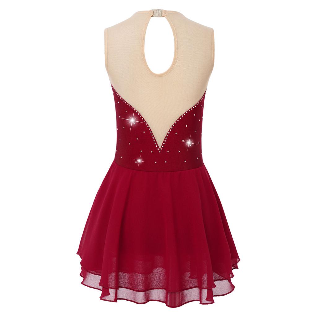 Girls Sparkly Sequined Dance Dress Sleeveless Round Neck Patchwork Hollow Back Design for Ice Skating