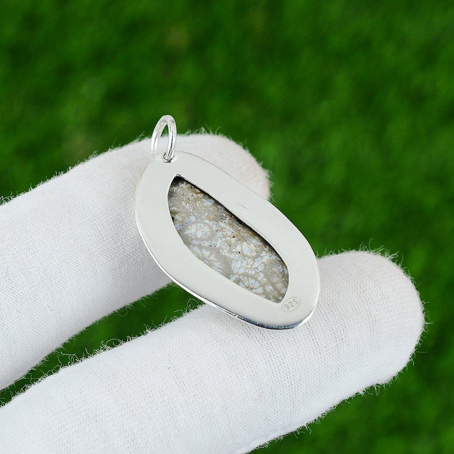 Natural Fossil Coral Gemstone Pendant 925 Sterling Silver Indian Jewelry