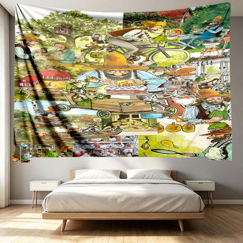 Pettersson und Findus Print Tapestry - Portable Wall Decor Cloth, for Home, Dorm, Travel, Bedroom, Living Room - Ideal Birthday Housewarming Gift