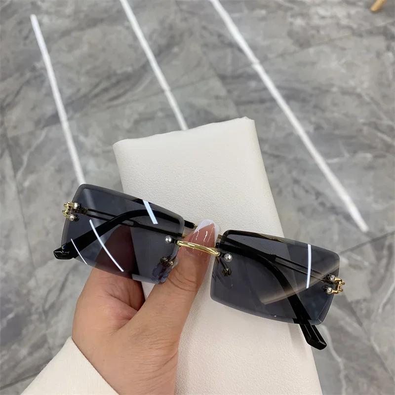 Vintage Fashion Sunglasses For Women Rimless Frameless Rectangle Shades Gradient Uv400 Summer Traveling Sun Glasses For Womenn
