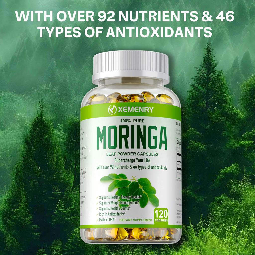 Organic Moringa capsules boost immunity and energy, promote metabolism, aid in natural weight loss, and provide antioxidant benefits.