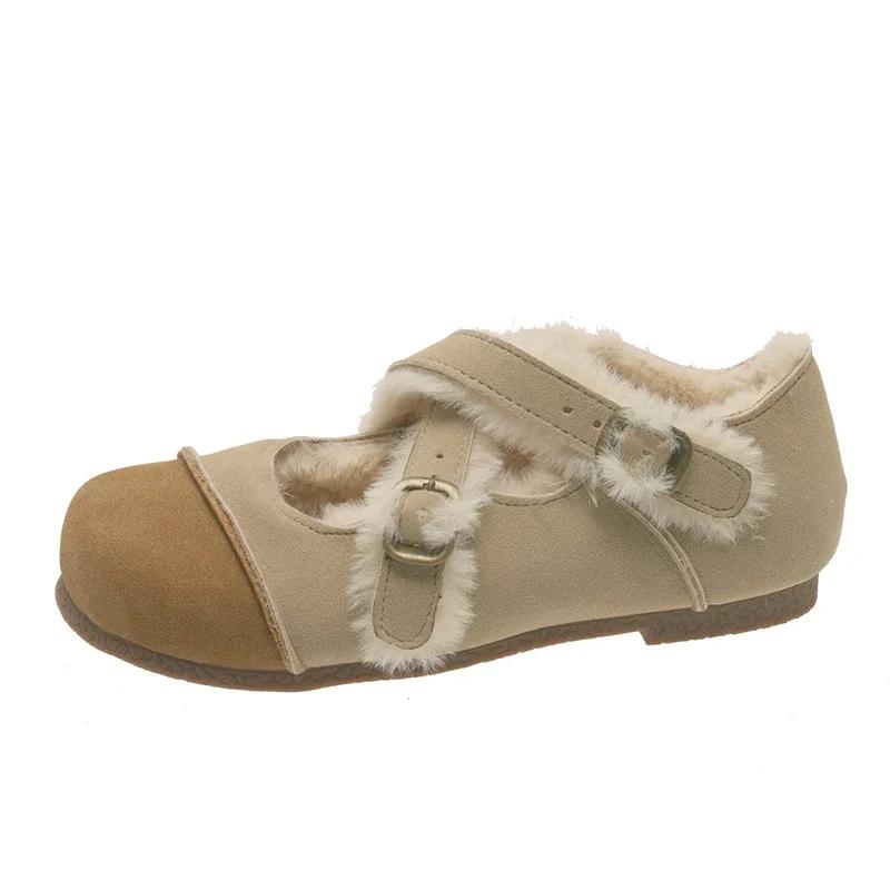 Замшевые туфли на плоской подошве для женщин Mary Janes, короткие плюшевые дизайнерские зимние хлопковые туфли с пряжкой, тренд 2025 года, новые теплые женские туфли